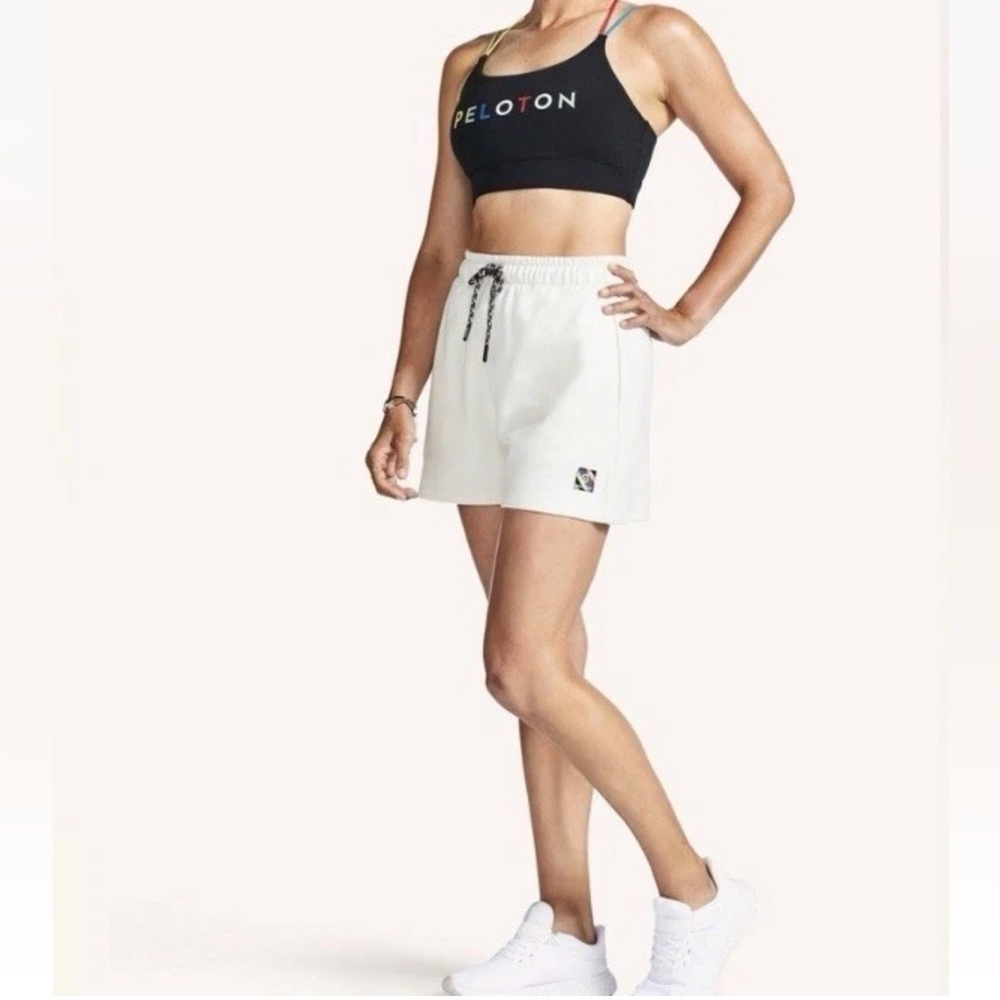 {Peloton} "Sweat Short" High Rise Cream Ivory Elastic Tie Waist Bike Shorts